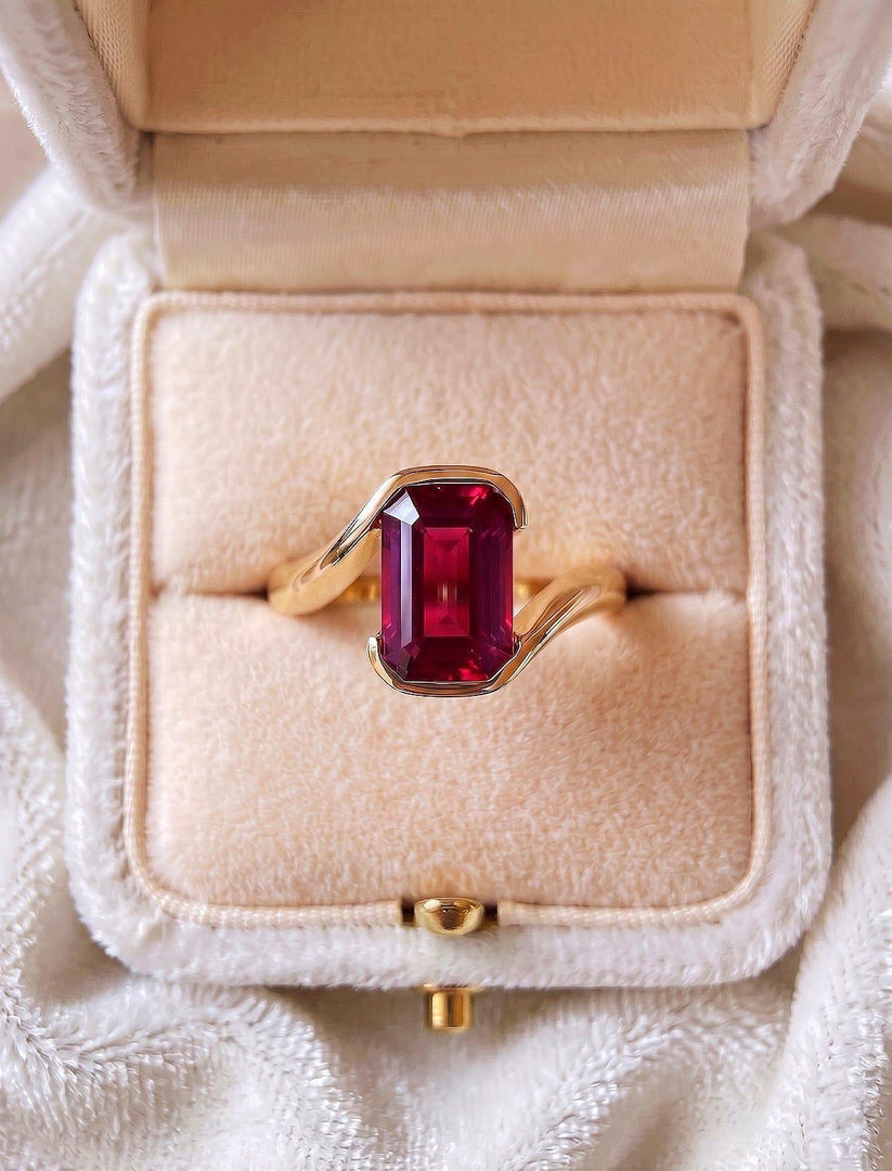 Ruby Emerald Cut Engagement Ring, 14K Gold Ring, Bezel Set Ruby Ring, Minimalist Solitaire Ring, July Birthstone Ring, Promise Gift for Her