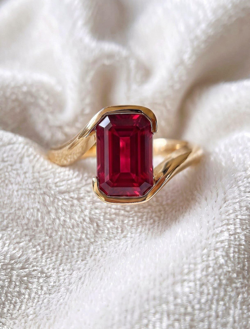Ruby Emerald Cut Engagement Ring, 14K Gold Ring, Bezel Set Ruby Ring, Minimalist Solitaire Ring, July Birthstone Ring, Promise Gift for Her