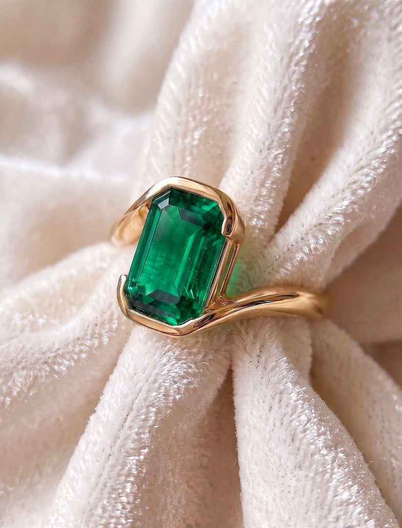 Green Emerald Engagement Ring, Emerald Cut Bezel Ring, 14k Gold Ring, Sterling Silver, Solitaire Statement Ring, May Birthstone Women Ring