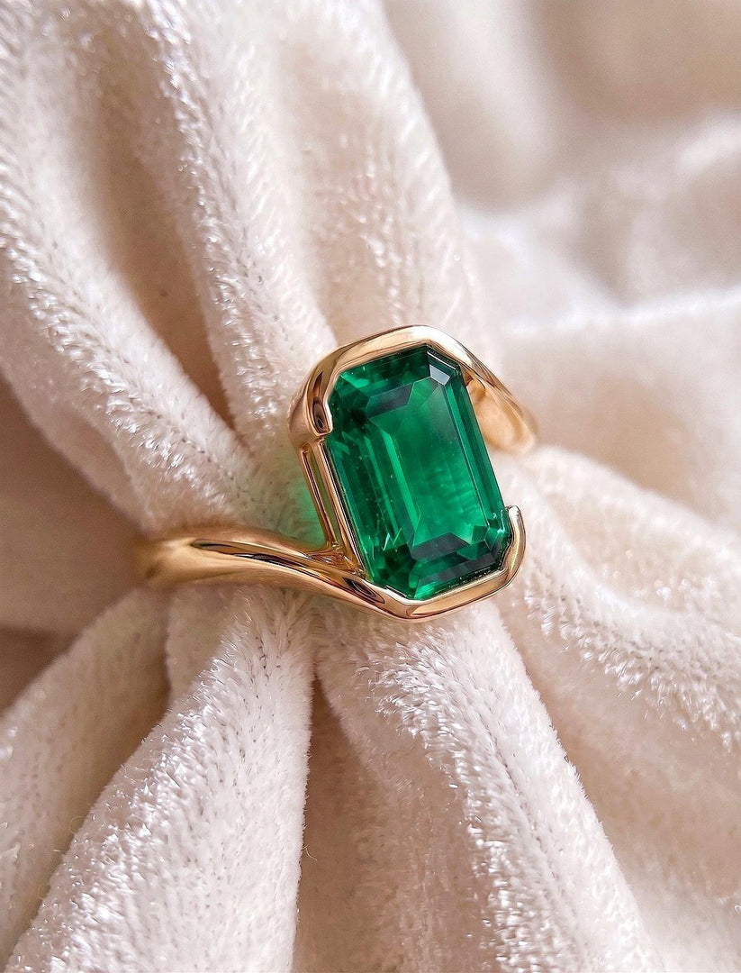 Green Emerald Engagement Ring, Emerald Cut Bezel Ring, 14k Gold Ring, Sterling Silver, Solitaire Statement Ring, May Birthstone Women Ring