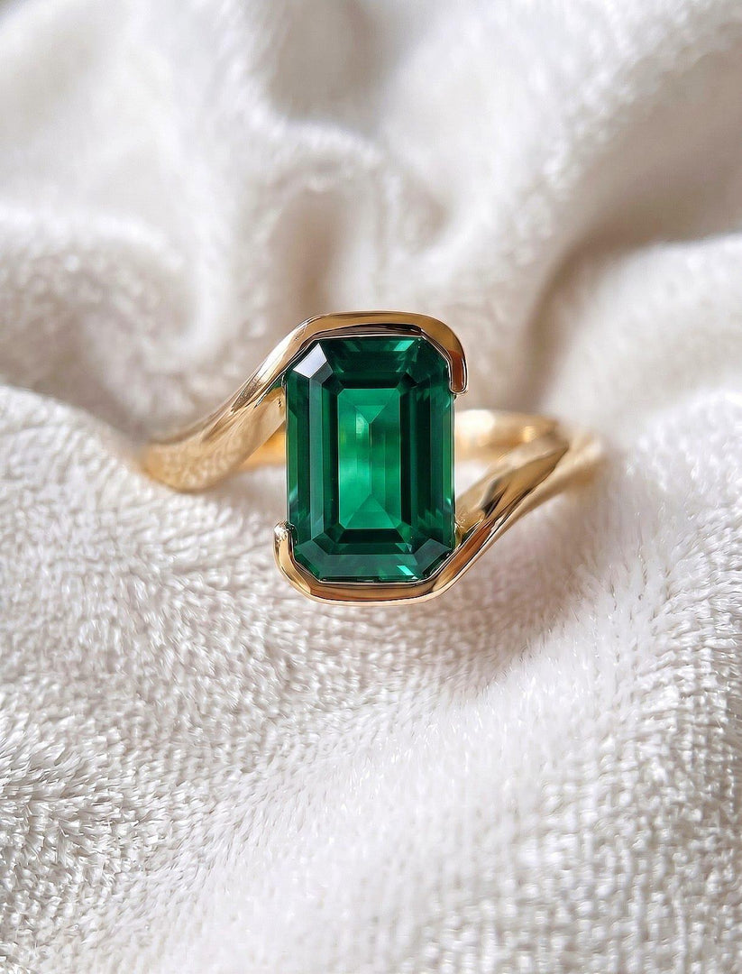 Green Emerald Engagement Ring, Emerald Cut Bezel Ring, 14k Gold Ring, Sterling Silver, Solitaire Statement Ring, May Birthstone Women Ring