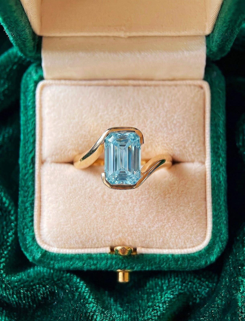 Aquamarine Engagement Emerald Cut Ring, Bezel Set Minimalist Ring, Lab Created Blue Gemstone Promise Ring, March Birthstone Jewelry Gift