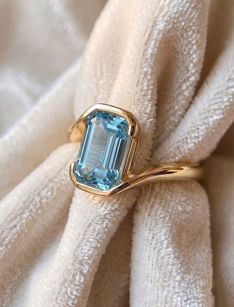 Aquamarine Engagement Emerald Cut Ring, Bezel Set Minimalist Ring, Lab Created Blue Gemstone Promise Ring, March Birthstone Jewelry Gift