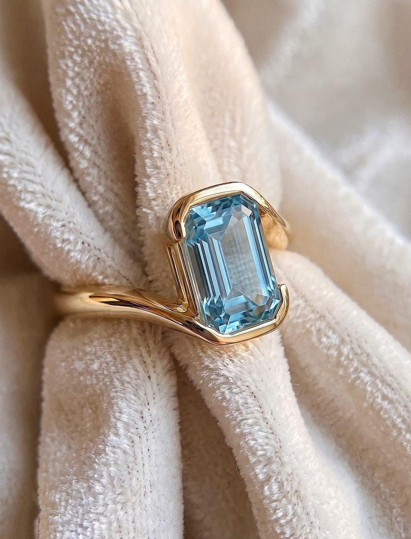 Aquamarine Engagement Emerald Cut Ring, Bezel Set Minimalist Ring, Lab Created Blue Gemstone Promise Ring, March Birthstone Jewelry Gift