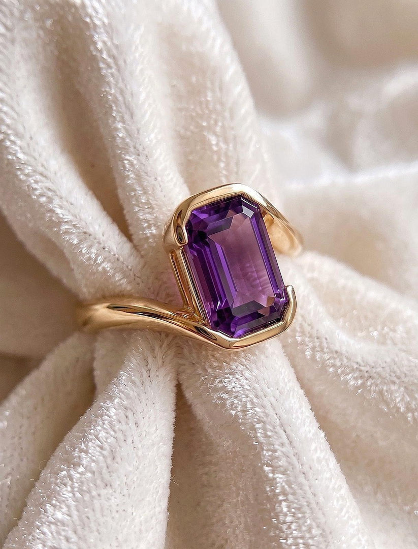 Amethyst Engagement Emerald Cut Ring, Bezel Set Amethyst Ring, Solitaire In Sterling Silver, Minimalist Amethyst Ring, February Birthstone