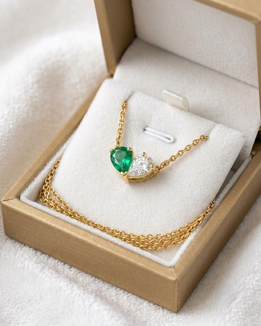 Emerald Necklace, Toi et Moi Pendant, Gold Personalized, Two Stone Pendant, Pear Emerald Moissanite Necklace Custom Anniversary Gift for Her