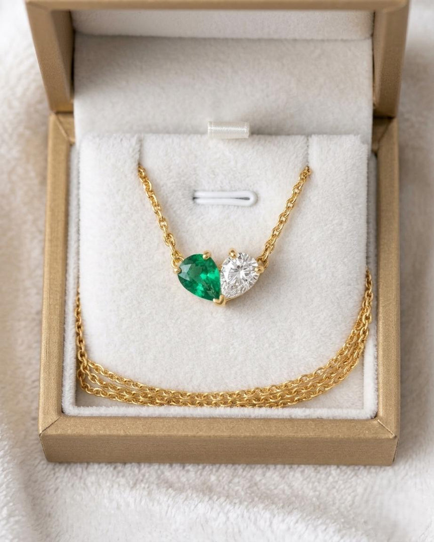 Emerald Necklace, Toi et Moi Pendant, Gold Personalized, Two Stone Pendant, Pear Emerald Moissanite Necklace Custom Anniversary Gift for Her