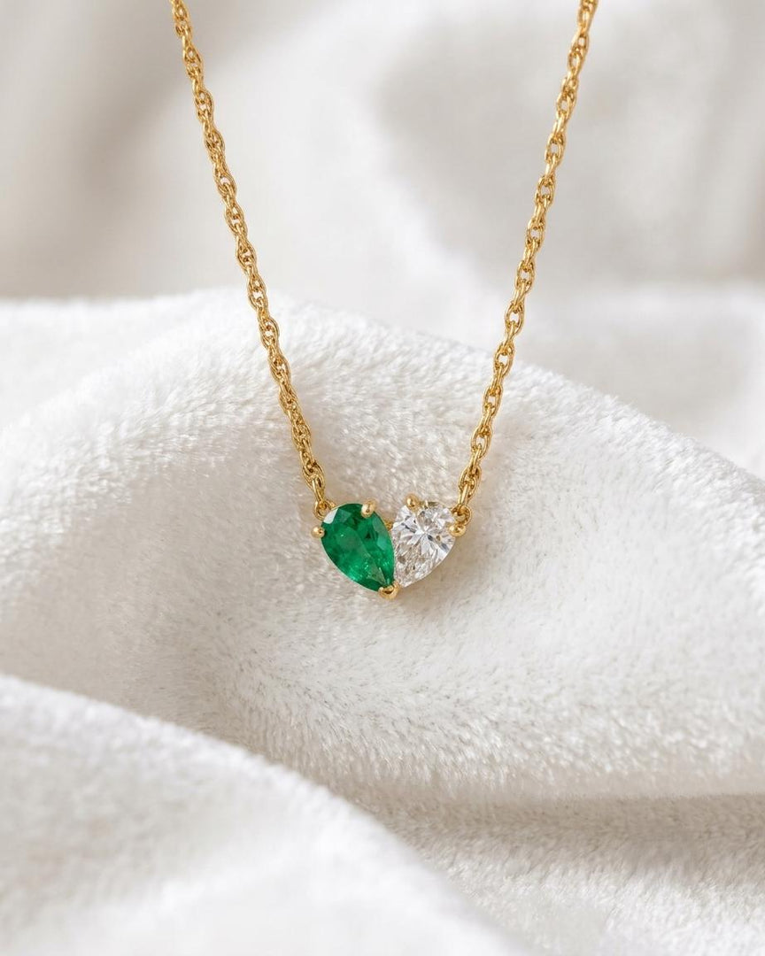 Emerald Necklace, Toi et Moi Pendant, Gold Personalized, Two Stone Pendant, Pear Emerald Moissanite Necklace Custom Anniversary Gift for Her