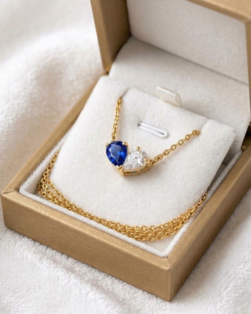 Blue Sapphire Necklace, Toi et Moi Pendant, Gold Personalized, Two Stone Pendant, Pear Sapphire Moissanite Necklace Anniversary Gift for Her