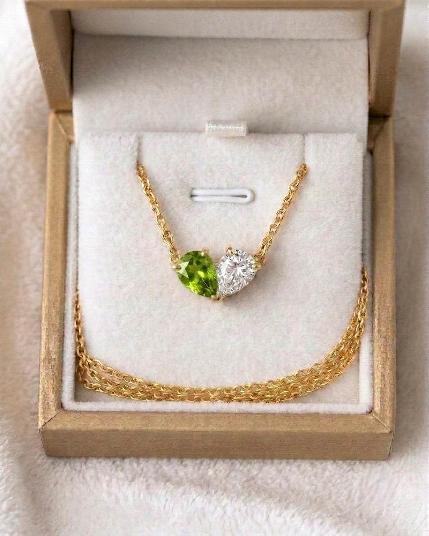 Green Peridot Necklace, Toi et Moi Pendant, Gold Personalized, Two Stone Pendant, Pear Peridot Moissanite Necklace, Anniversary Gift for Her