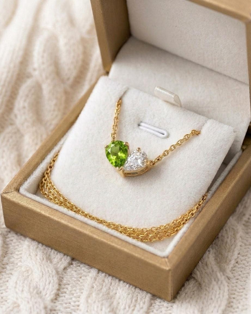Green Peridot Necklace, Toi et Moi Pendant, Gold Personalized, Two Stone Pendant, Pear Peridot Moissanite Necklace, Anniversary Gift for Her