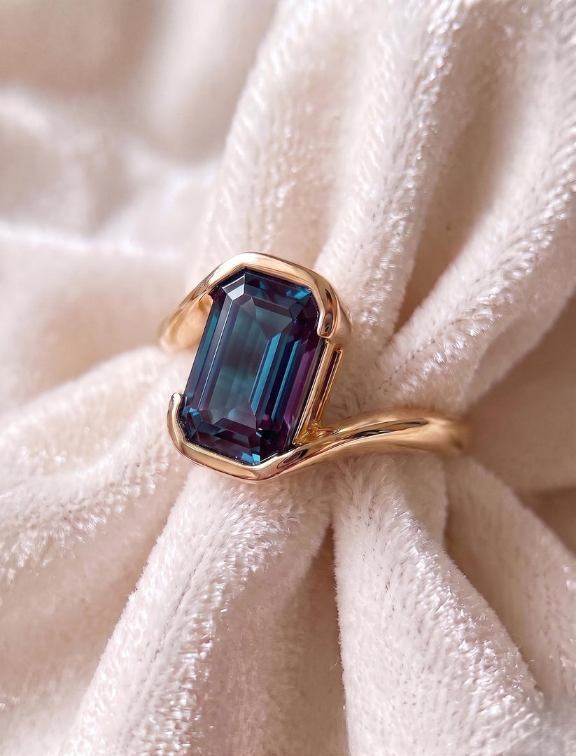 Alexandrite Emerald Cut Engagement Fantasy Ring, 14k Gold June Birthstone Promise Ring, Birthday Gift For Her