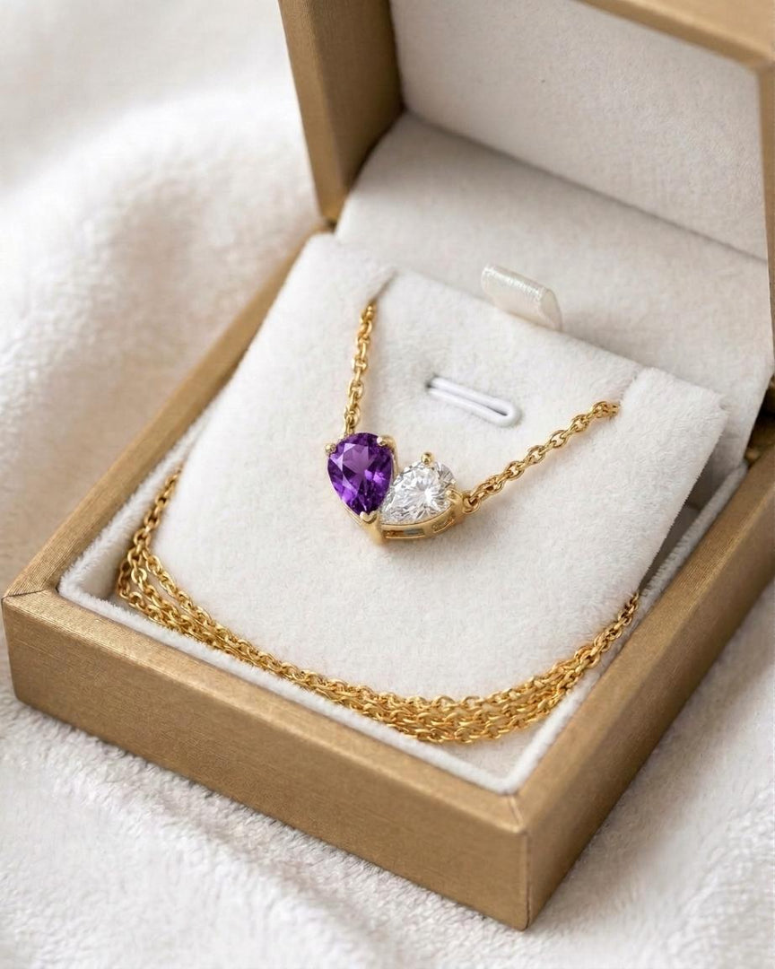 Purple Amethyst Necklace, Toi et Moi Pendant, 14K Gold, Two Stone Pendant, Pear Amethyst Moissanite Necklace, Anniversary Pendant For Gift