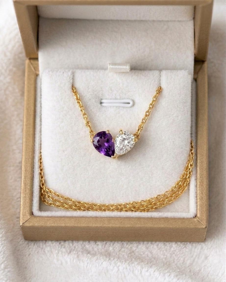 Purple Amethyst Necklace, Toi et Moi Pendant, 14K Gold, Two Stone Pendant, Pear Amethyst Moissanite Necklace, Anniversary Pendant For Gift