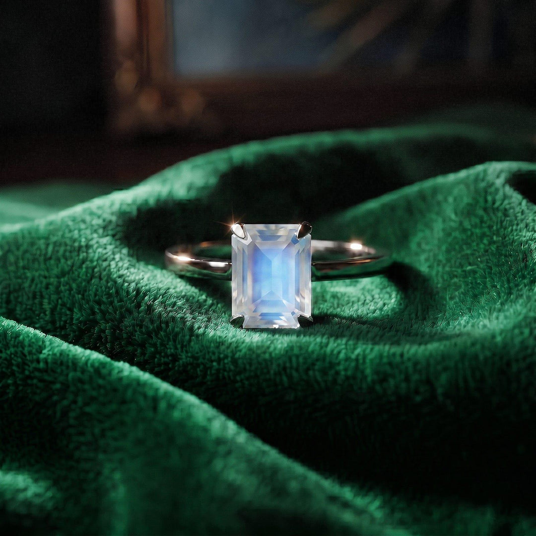Moonstone Emerald Cut Ring, Gold Moonstone Engagement Ring, Minimalist Solitaire Ring, Dainty Moonstone Promise Ring, June Birthstone Gift