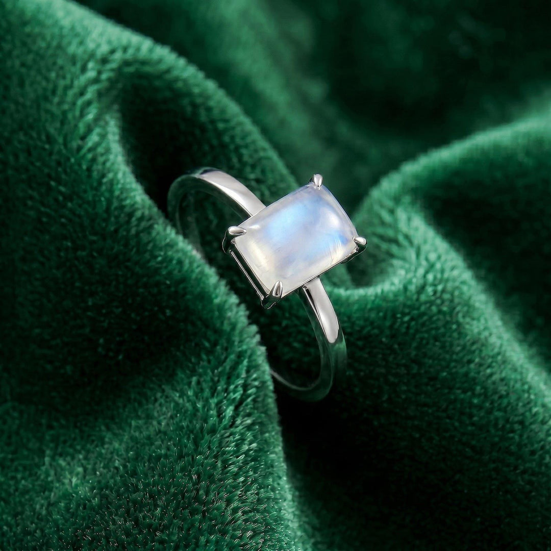 Moonstone Emerald Cut Ring, Gold Moonstone Engagement Ring, Minimalist Solitaire Ring, Dainty Moonstone Promise Ring, June Birthstone Gift