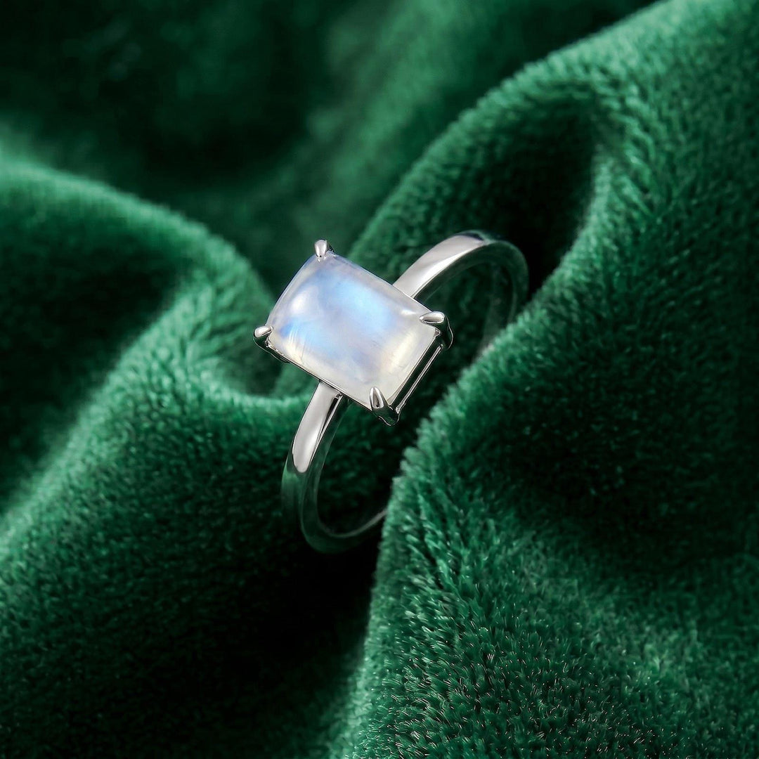 Moonstone Emerald Cut Ring, Gold Moonstone Engagement Ring, Minimalist Solitaire Ring, Dainty Moonstone Promise Ring, June Birthstone Gift