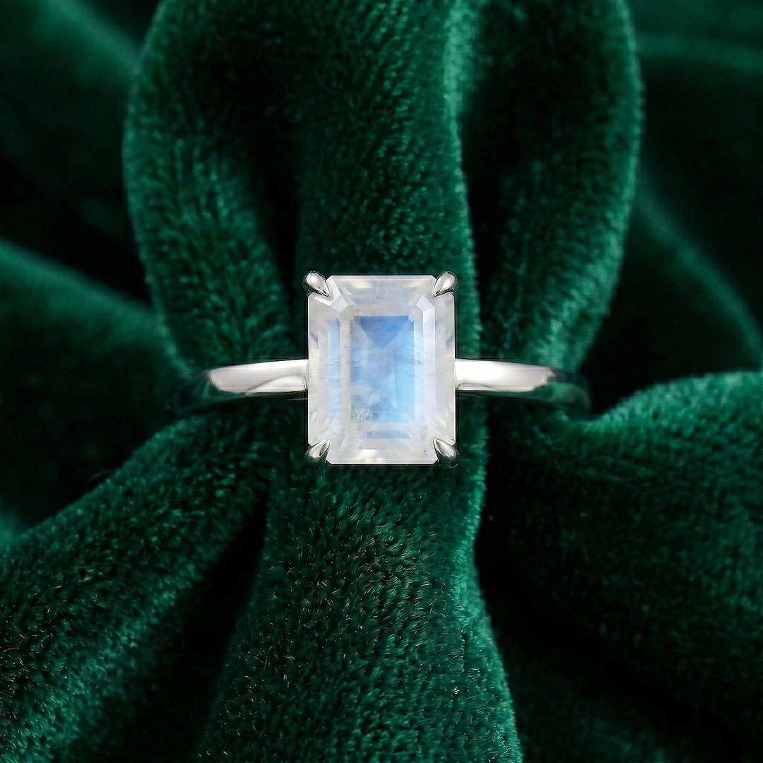 Moonstone Emerald Cut Ring, Gold Moonstone Engagement Ring, Minimalist Solitaire Ring, Dainty Moonstone Promise Ring, June Birthstone Gift