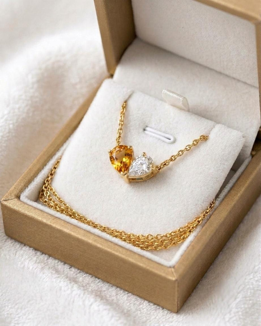 Natural Citrine Two Stone Necklace, Toi et Moi Necklace, Citrine Moissanite Pear Pendant, Bridal Jewelry, Wedding Jewelry Anniversary Gift