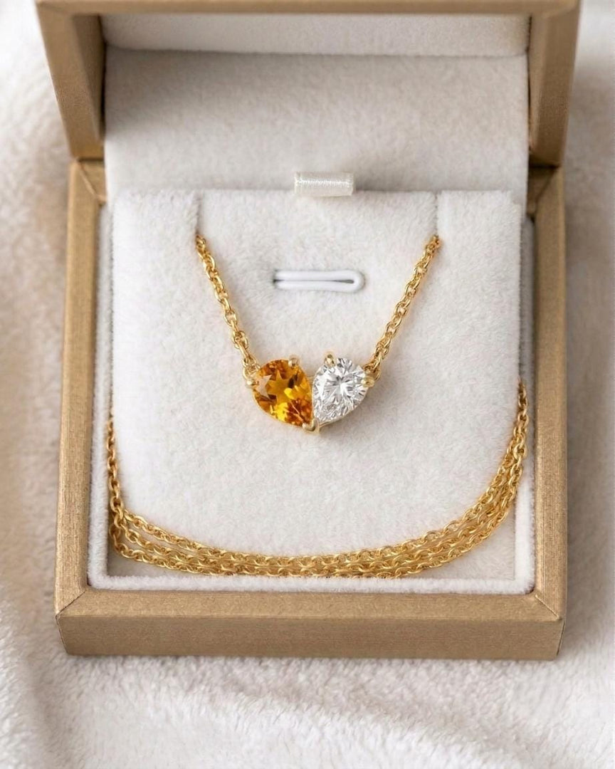 Natural Citrine Two Stone Necklace, Toi et Moi Necklace, Citrine Moissanite Pear Pendant, Bridal Jewelry, Wedding Jewelry Anniversary Gift