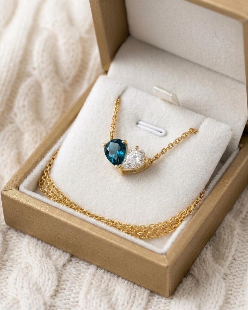London Blue Topaz Two Stone Necklace, Toi et Moi Necklace, Blue Topaz Moissanite Pear Pendant, Bridal Jewelry, Wedding Anniversary Jewelry