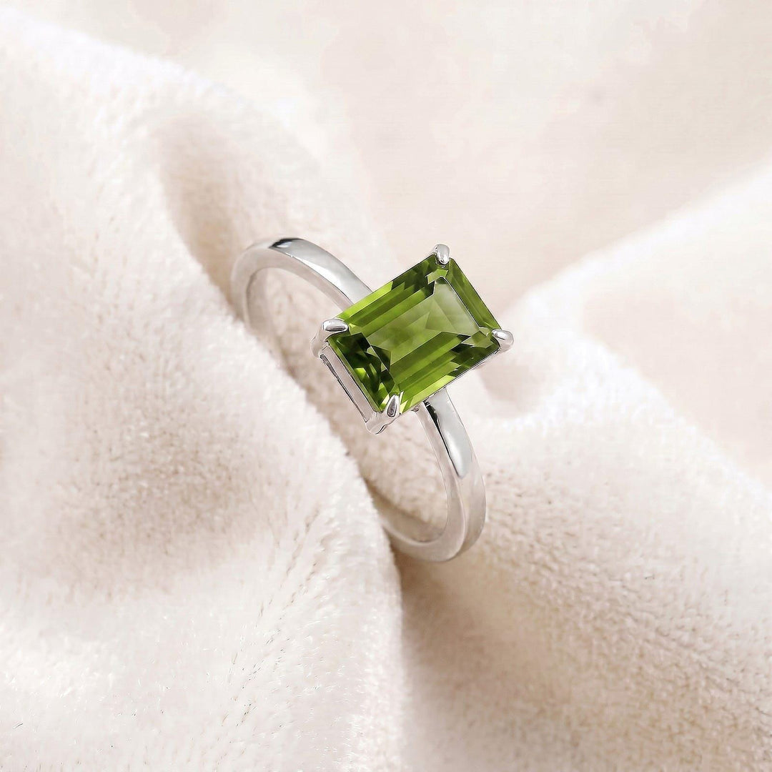Green Peridot Emerald Cut Engagement Ring, Green Gemstone Ring, Sterling Silver 14k Gold  Wedding Ring, August Birthstone, Gift For Her