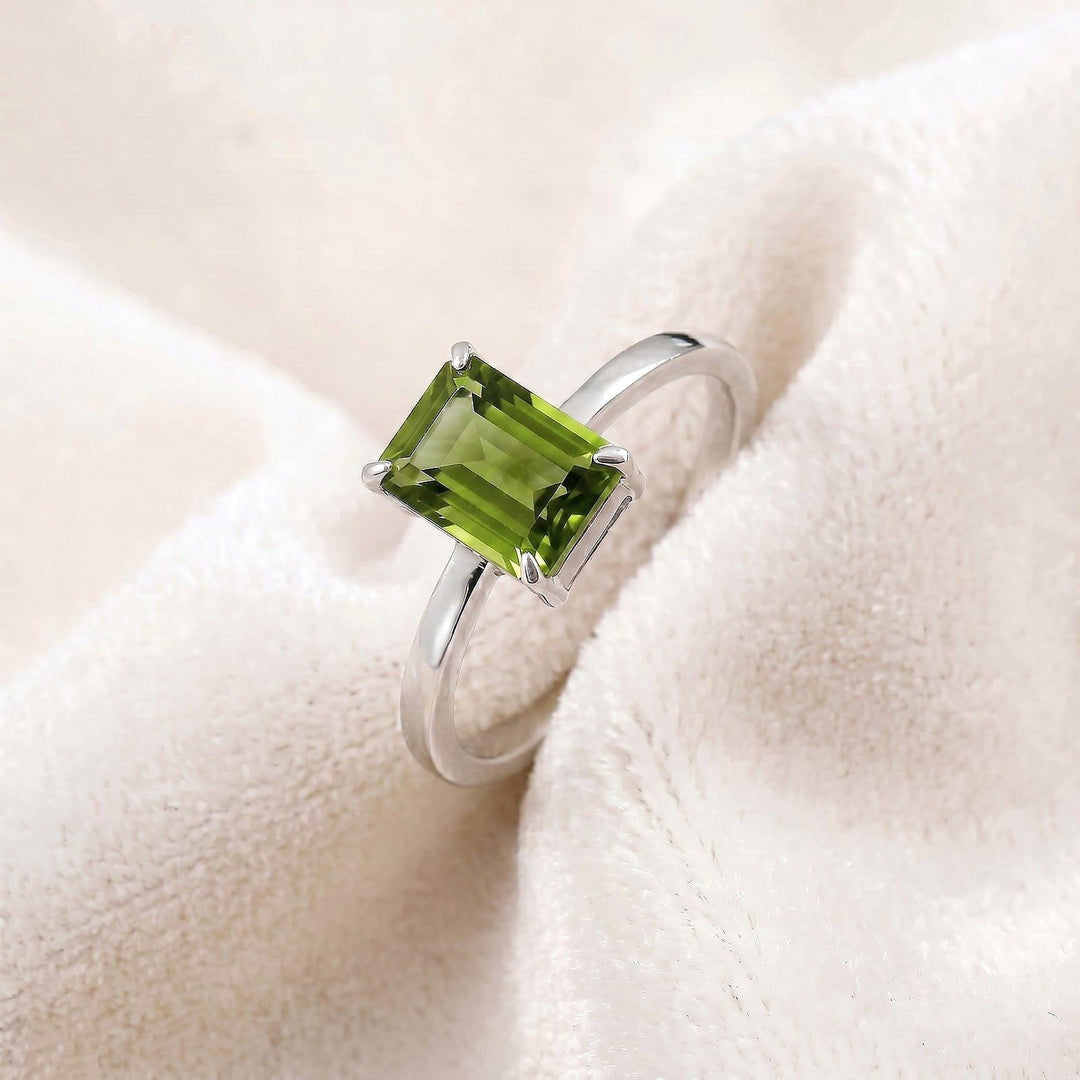 Green Peridot Emerald Cut Engagement Ring, Green Gemstone Ring, Sterling Silver 14k Gold  Wedding Ring, August Birthstone, Gift For Her