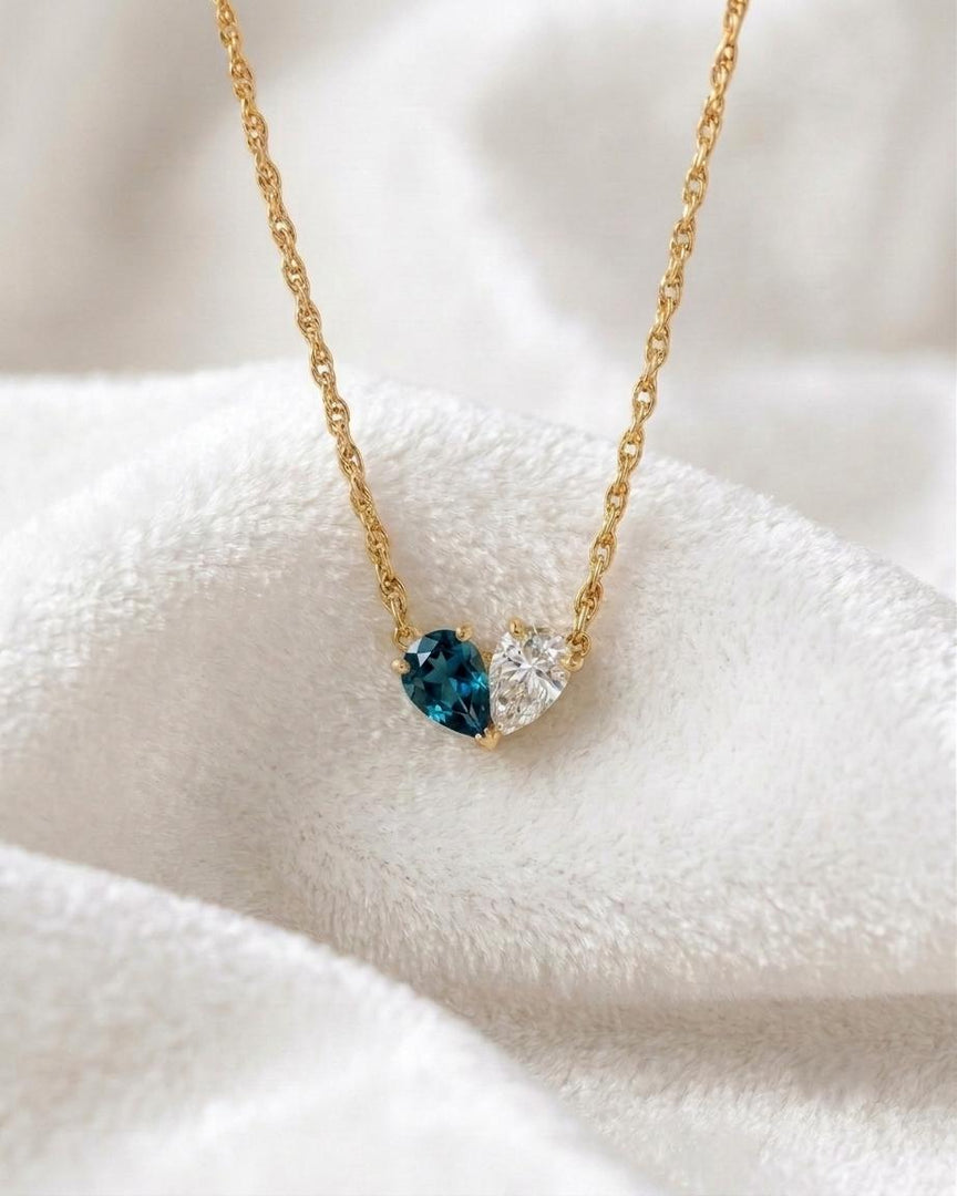 London Blue Topaz Two Stone Necklace, Toi et Moi Necklace, Blue Topaz Moissanite Pear Pendant, Bridal Jewelry, Wedding Anniversary Jewelry