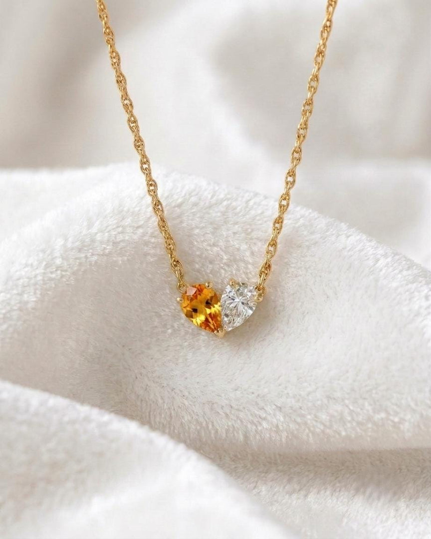 Natural Citrine Two Stone Necklace, Toi et Moi Necklace, Citrine Moissanite Pear Pendant, Bridal Jewelry, Wedding Jewelry Anniversary Gift