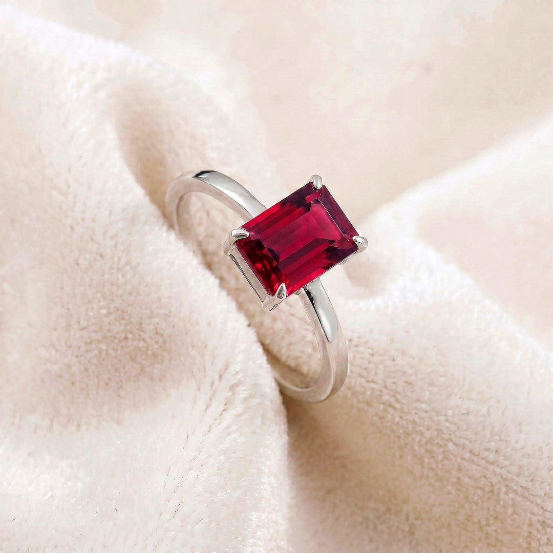 Ruby Emerald Cut Engagement Ring, Red Gemstone Solitaire, Promise Ring, Art Deco, 14K Gold Statement Ring, July Birthstone, Gift For Mother