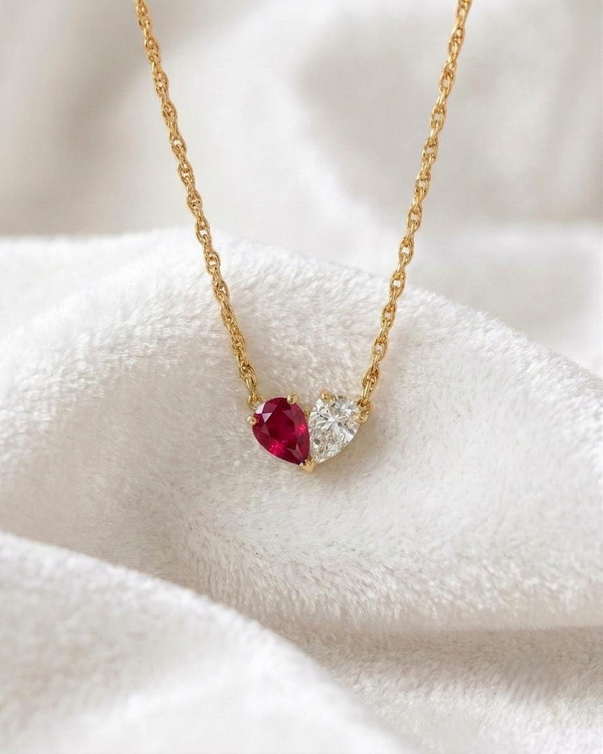 Red Ruby Necklace, Toi et Moi Pendant, Gold Personalized, Two Stone Pendant, Ruby Moissanite Pear Necklace, Anniversary Jewelry Gift for Her