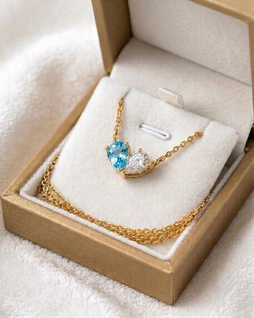 Aquamarine Two Stone Necklace, Toi et Moi Necklace, Aquamarine Moissanite Pear Pendant, Bridal Jewelry, Wedding Anniversary Jewelry For Gift