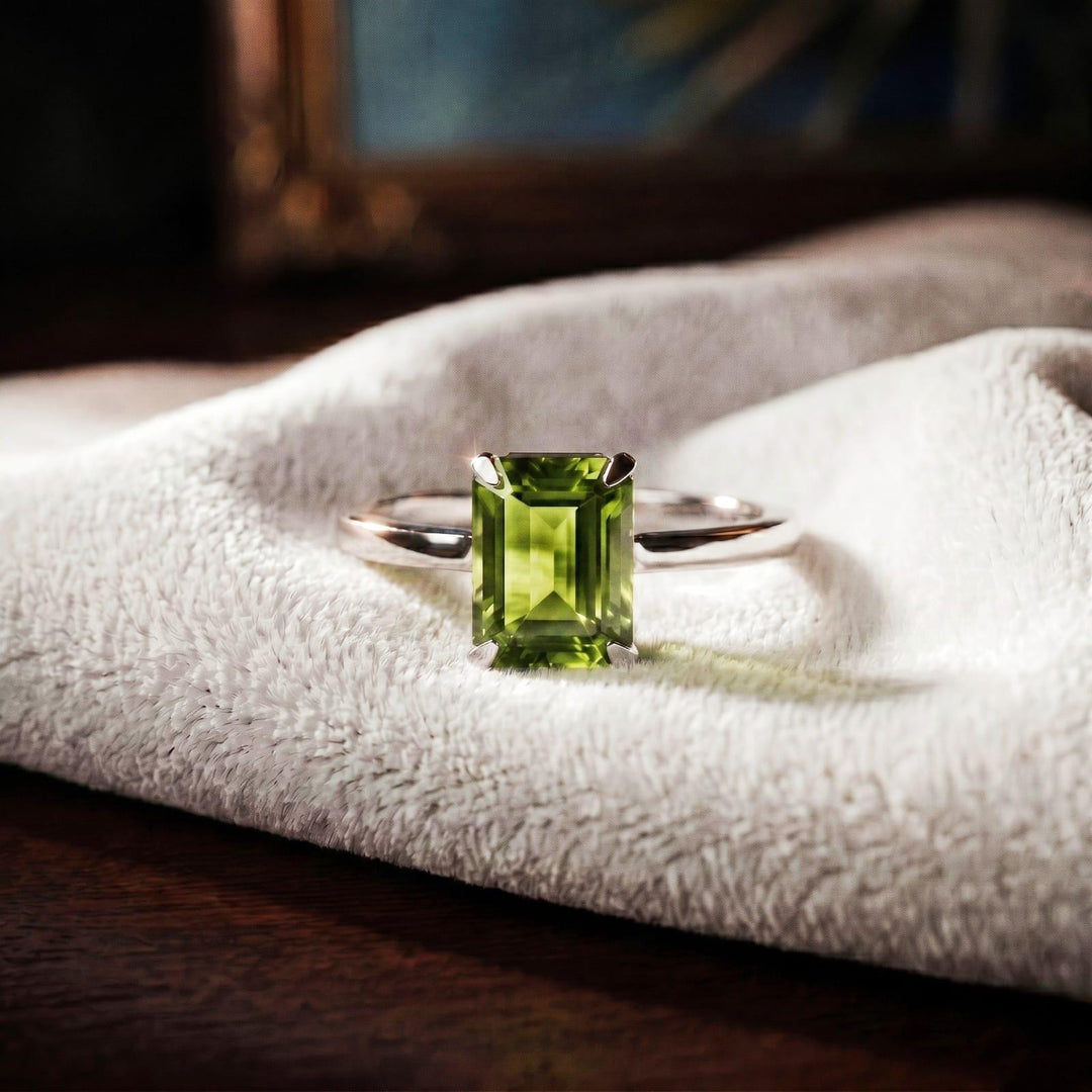 Green Peridot Emerald Cut Engagement Ring, Green Gemstone Ring, Sterling Silver 14k Gold  Wedding Ring, August Birthstone, Gift For Her