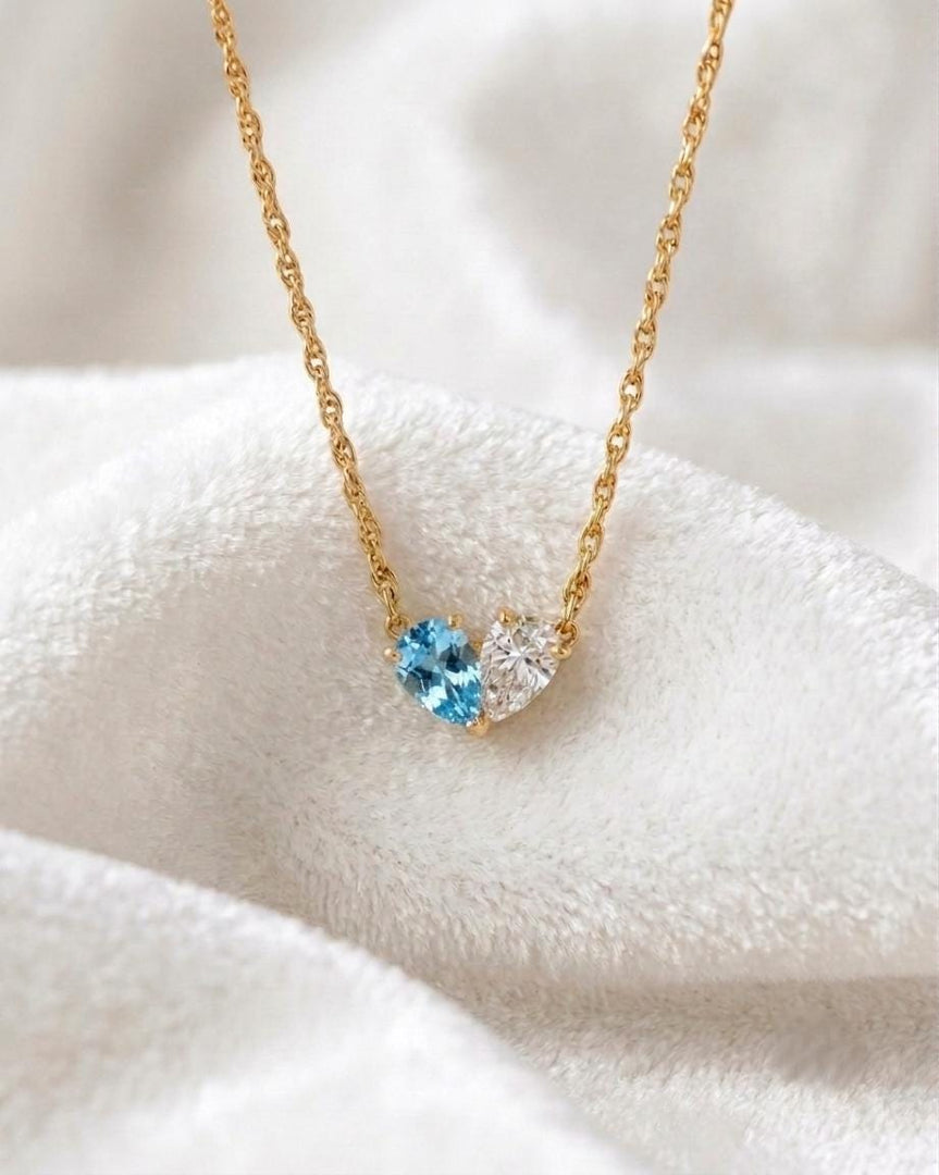 Aquamarine Two Stone Necklace, Toi et Moi Necklace, Aquamarine Moissanite Pear Pendant, Bridal Jewelry, Wedding Anniversary Jewelry For Gift