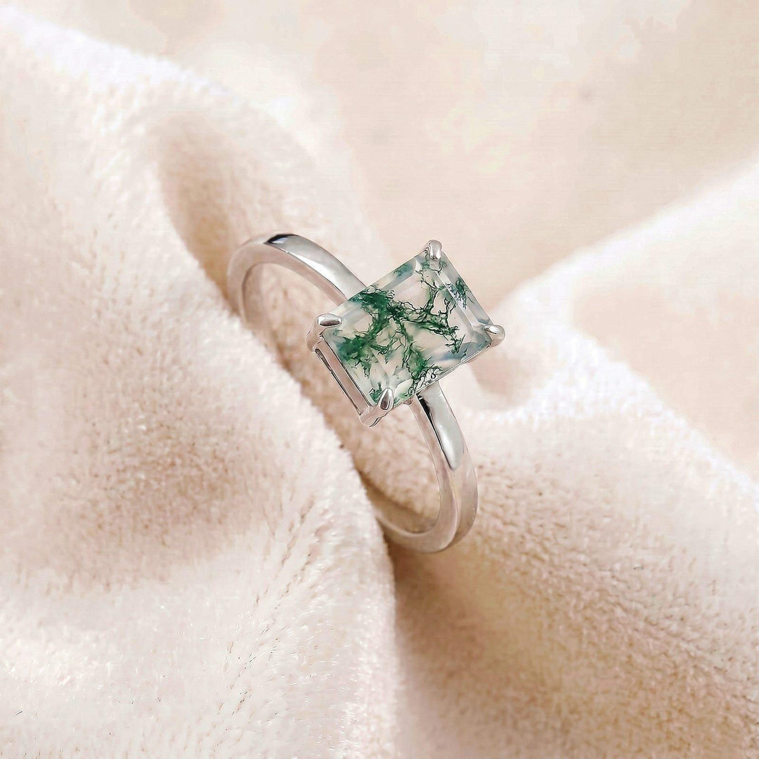 Moss Agate Ring, Emerald Cut Ring, Moss Agate Engagement Ring, 14k Gold Ring, Inspired Promise Ring, Emerald Cut , Moss Agate Statement Ring