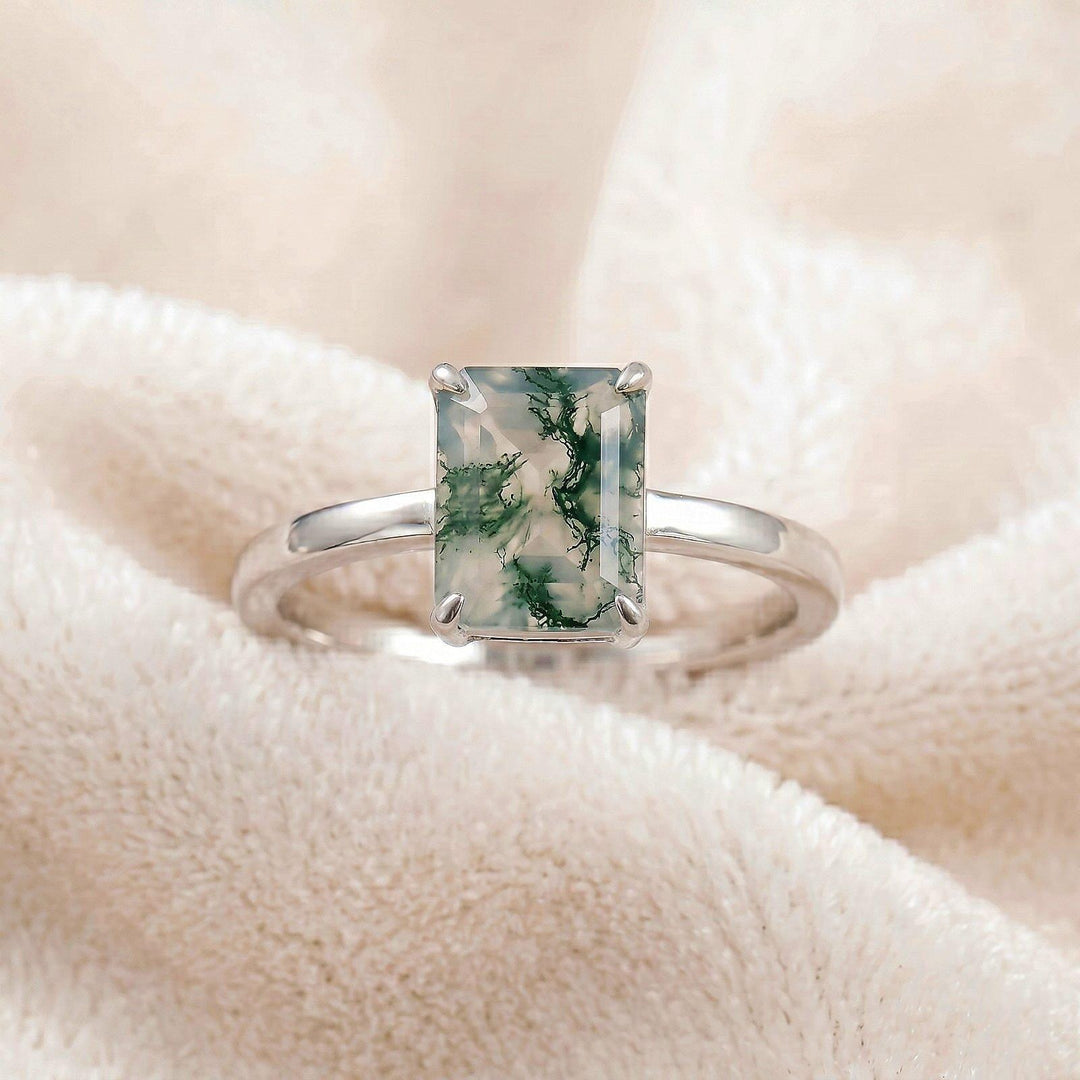 Moss Agate Ring, Emerald Cut Ring, Moss Agate Engagement Ring, 14k Gold Ring, Inspired Promise Ring, Emerald Cut , Moss Agate Statement Ring