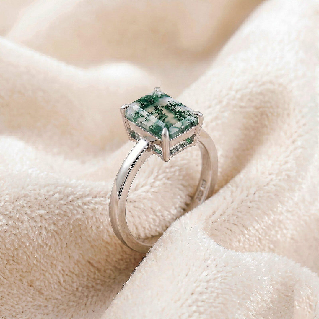 Moss Agate Ring, Emerald Cut Ring, Moss Agate Engagement Ring, 14k Gold Ring, Inspired Promise Ring, Emerald Cut , Moss Agate Statement Ring