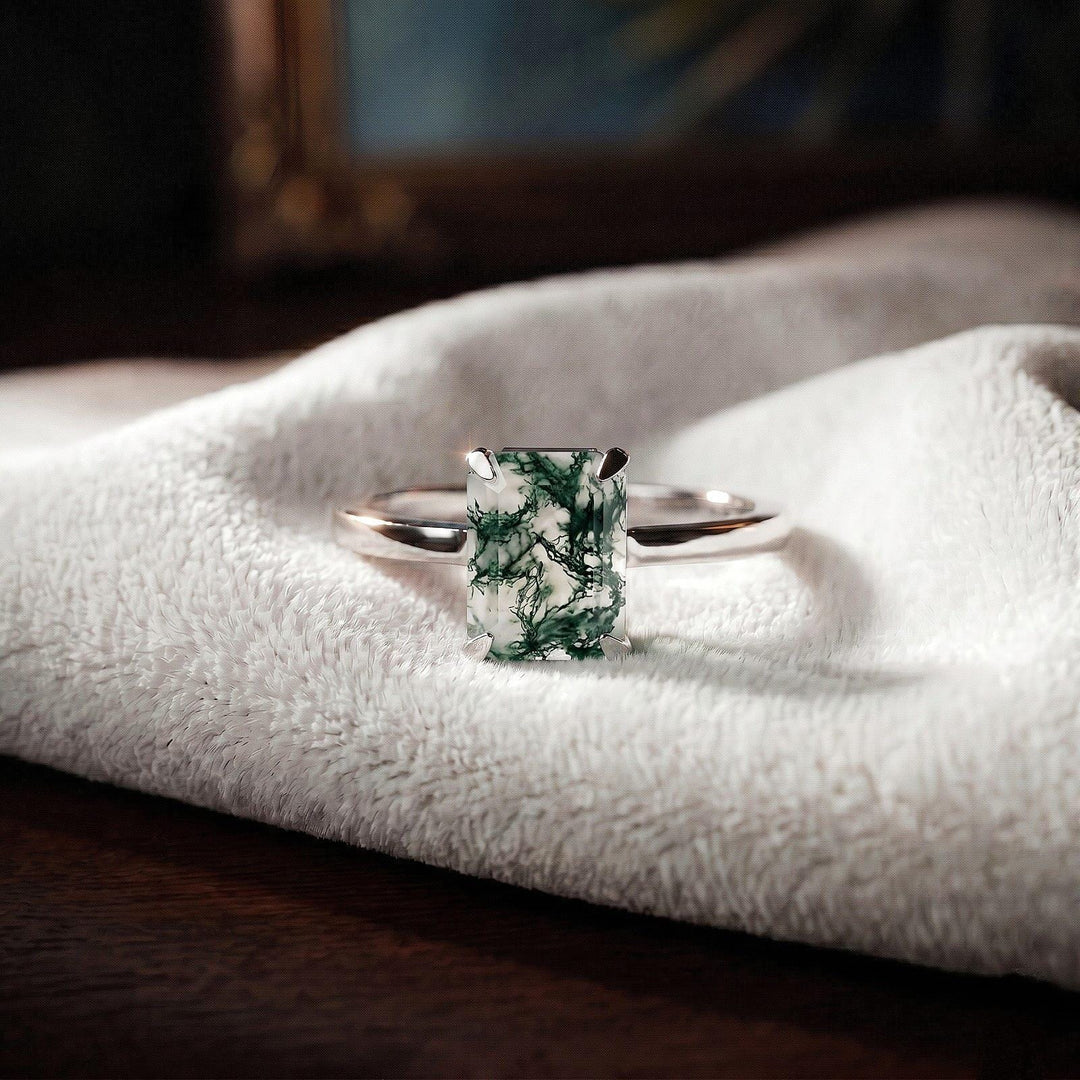 Moss Agate Ring, Emerald Cut Ring, Moss Agate Engagement Ring, 14k Gold Ring, Inspired Promise Ring, Emerald Cut , Moss Agate Statement Ring