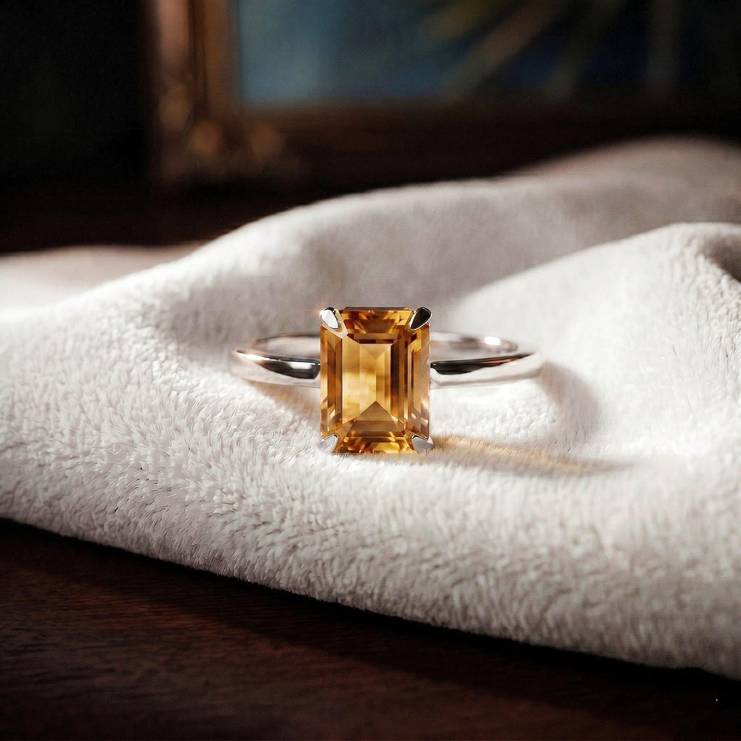Citrine Emerald Cut Ring, Sterling Silver, 14K Gold Ring, Engagement Ring, November Birthstone Ring, Wedding Ring, Promise Ring, Gift Women