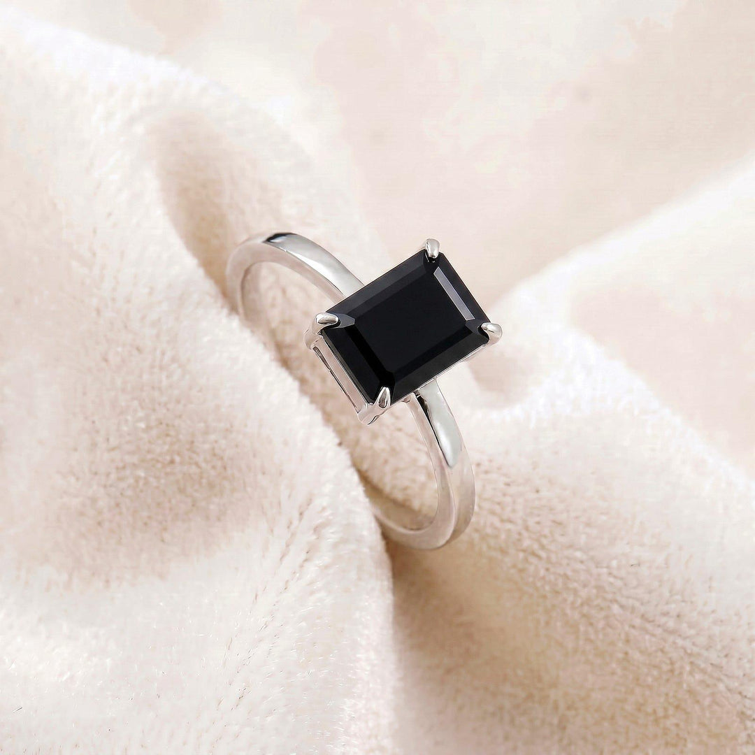 Black Onyx Emerald Cut Engagement Ring, 14k Gold, 925 Solid Silver Ring, Prong Setting Ring, Birthstone, Promise Ring, Mom Daughter Gift