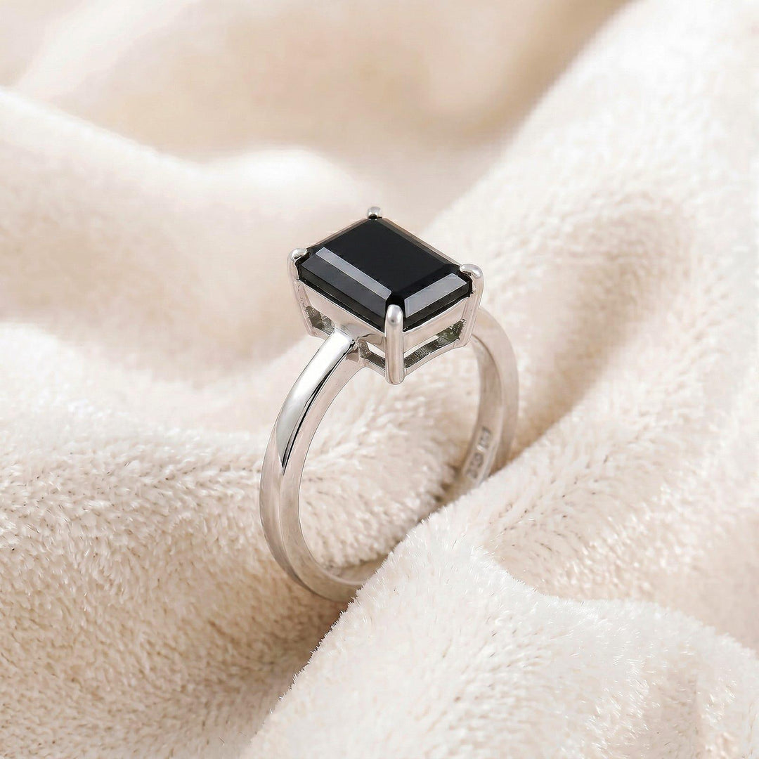 Black Onyx Emerald Cut Engagement Ring, 14k Gold, 925 Solid Silver Ring, Prong Setting Ring, Birthstone, Promise Ring, Mom Daughter Gift