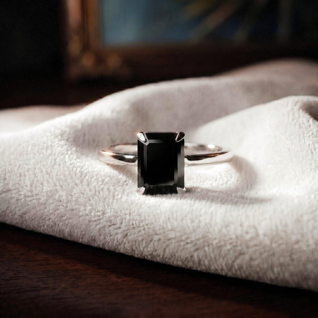 Black Onyx Emerald Cut Engagement Ring, 14k Gold, 925 Solid Silver Ring, Prong Setting Ring, Birthstone, Promise Ring, Mom Daughter Gift