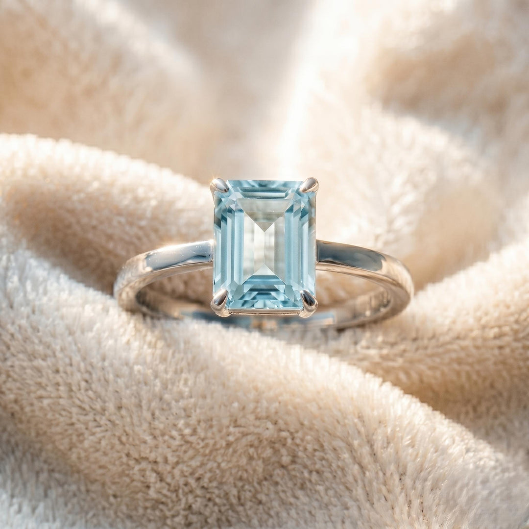 Aquamarine Emerald Cut Engagement Ring, Solitaire Promise Ring, 925 Solid Silver Ring, Prong Setting Ring, March Birthstone Ring, Women Gift