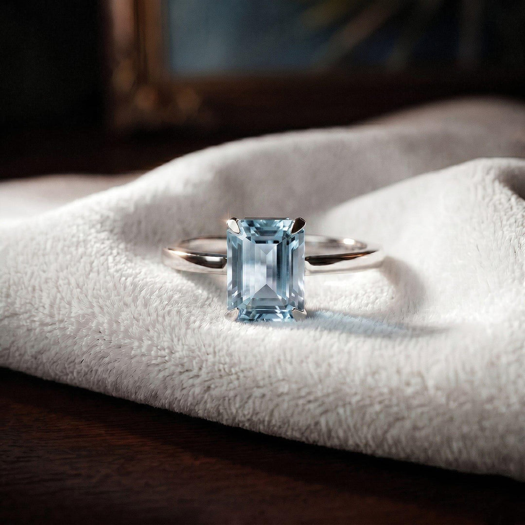 Aquamarine Emerald Cut Engagement Ring, Solitaire Promise Ring, 925 Solid Silver Ring, Prong Setting Ring, March Birthstone Ring, Women Gift