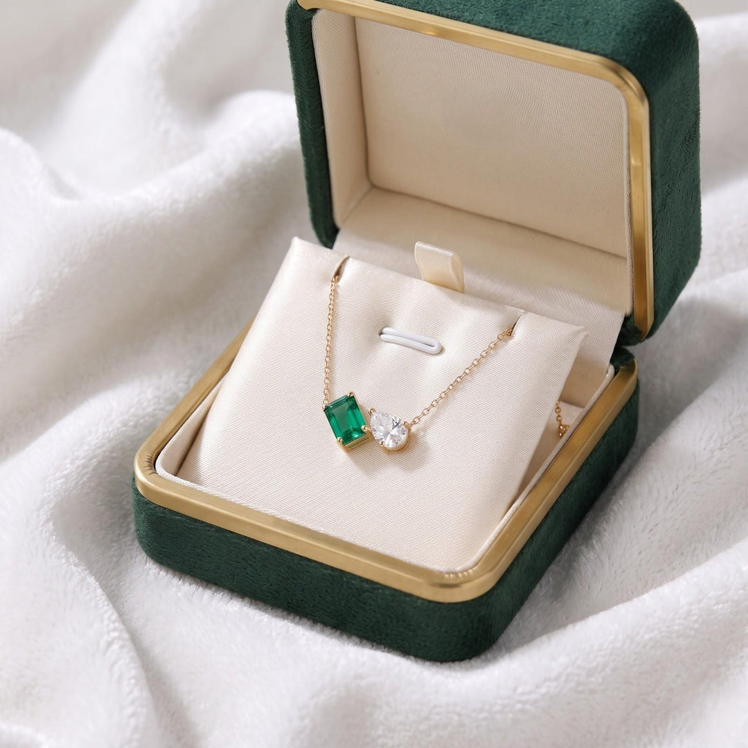 Emerald Women Necklace, Two Stone Gemstone Moissanite Pendant, Toi et Moi Necklace, Bridal Jewelry, Wedding Jewelry, Anniversary For Gift