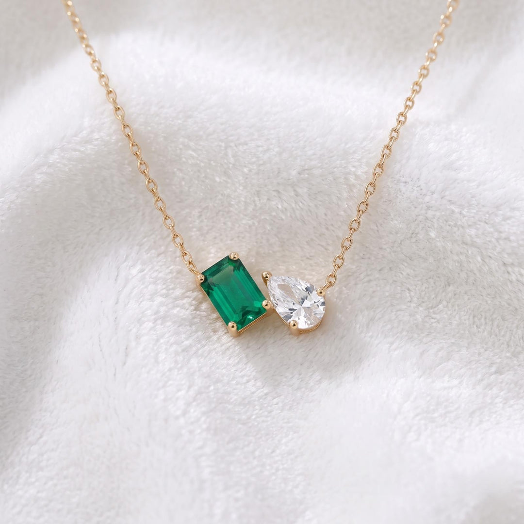 Emerald Women Necklace, Two Stone Gemstone Moissanite Pendant, Toi et Moi Necklace, Bridal Jewelry, Wedding Jewelry, Anniversary For Gift