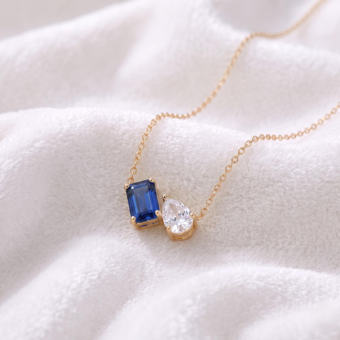 Sapphire Two Stone Necklace, Moissanite Gemstone Necklace, Toi et Moi Necklace,  Bridal Jewelry, Wedding Jewelry,  Women Necklace For Gift