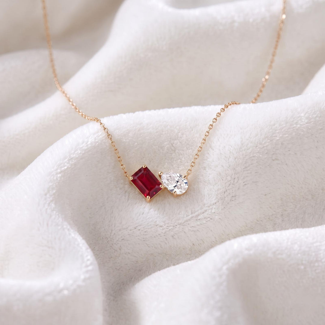 Ruby Women Necklace, Toi et Moi Pendant, 14K Gold, Emerald Cut Two Stone Pendant, Ruby Moissanite Necklace, Anniversary Jewelry Gift for Her