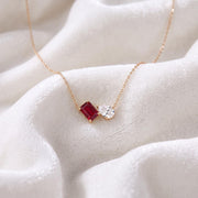 Ruby Women Necklace, Toi et Moi Pendant, 14K Gold, Emerald Cut Two Stone Pendant, Ruby Moissanite Necklace, Anniversary Jewelry Gift for Her