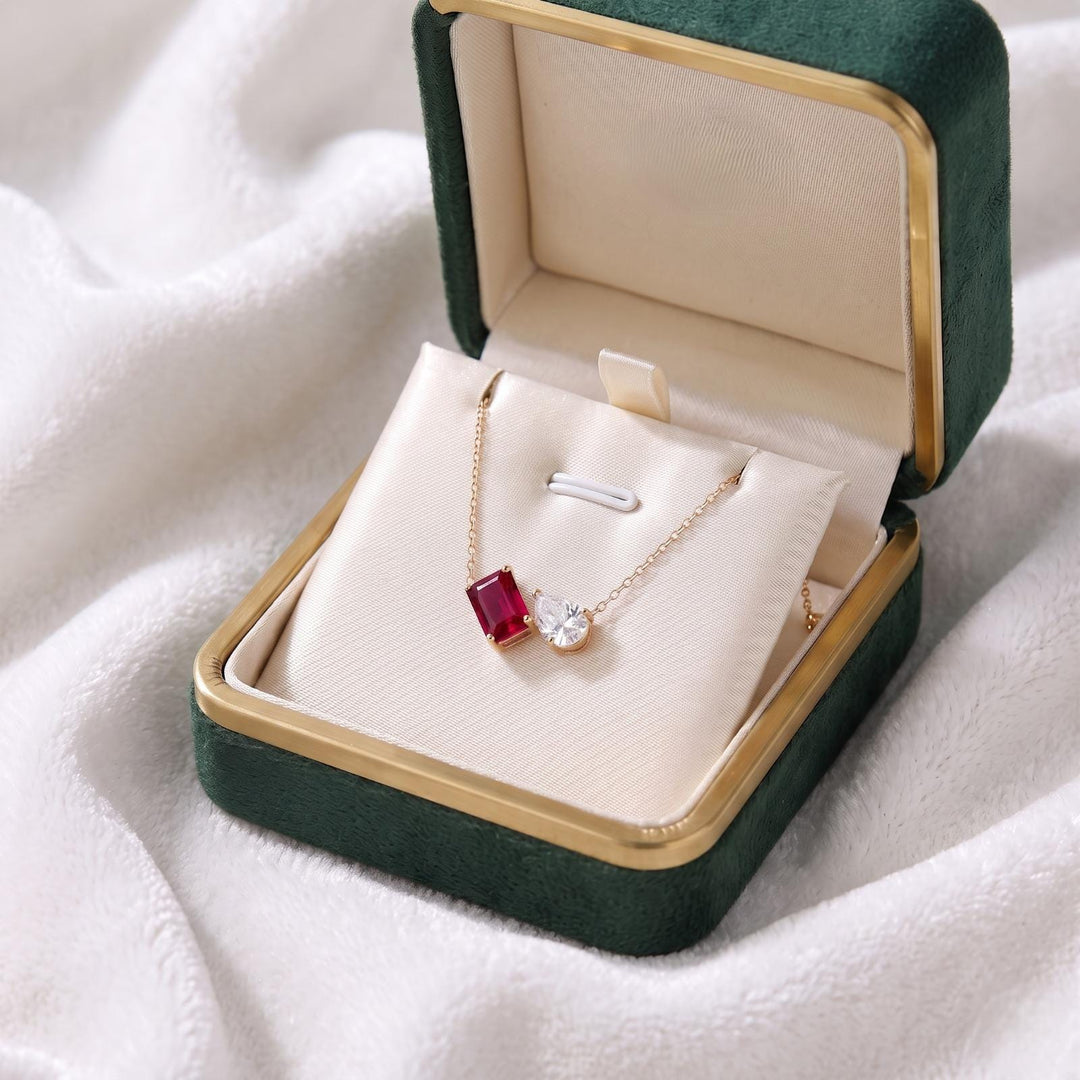Ruby Women Necklace, Toi et Moi Pendant, 14K Gold, Emerald Cut Two Stone Pendant, Ruby Moissanite Necklace, Anniversary Jewelry Gift for Her